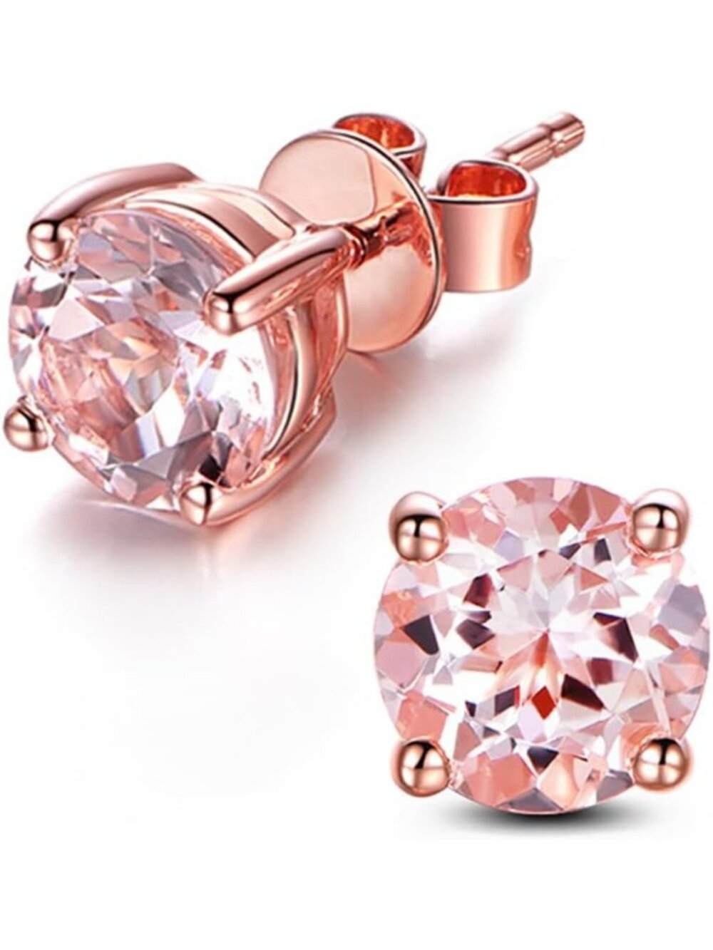 Round Cut Morganite Rose Gold Stud Earrings in 925 Sterling Silver - Fine